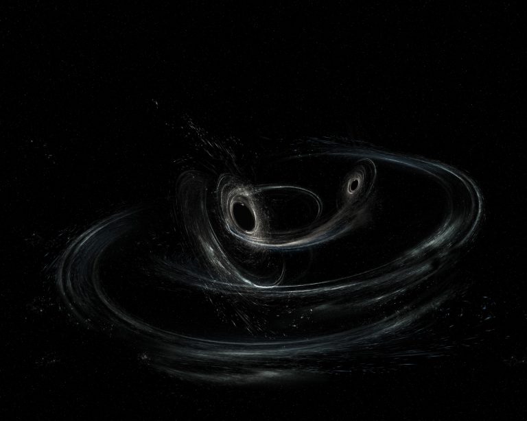 Artist’s impression of two black holes merging – 3